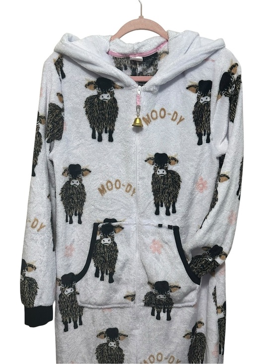 Holiday Time Other - Holiday Time. White Hooded Fleece Onesie with Black Cow Print